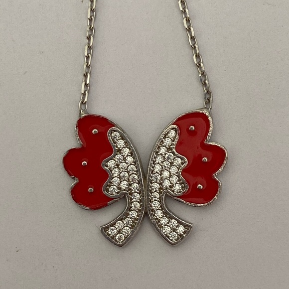 💝925 Silver bow butterfly red enamel cz necklace